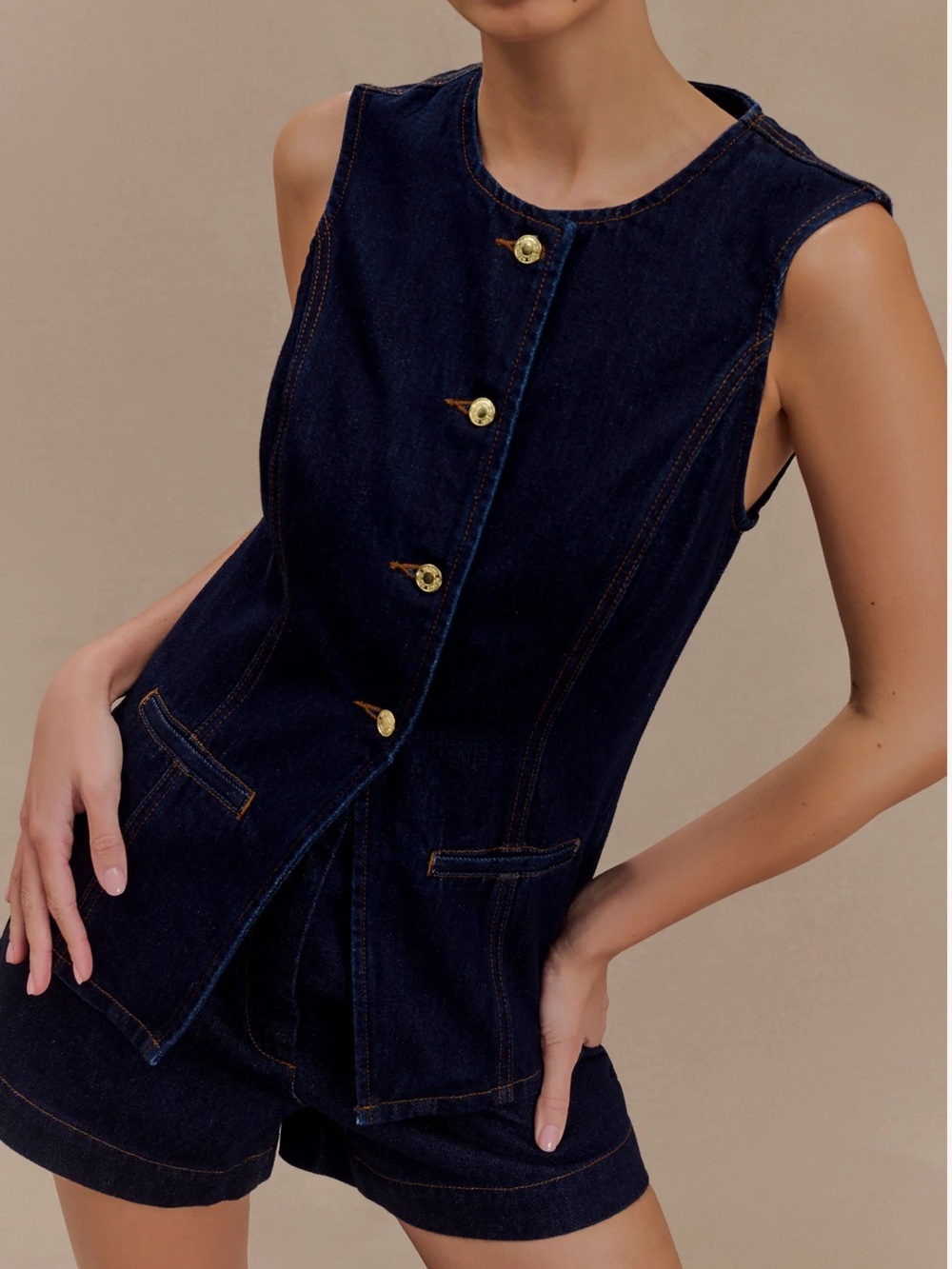 Meshki Abel Dark Indigo Denim Button Up Top with Gold Buttons size medium